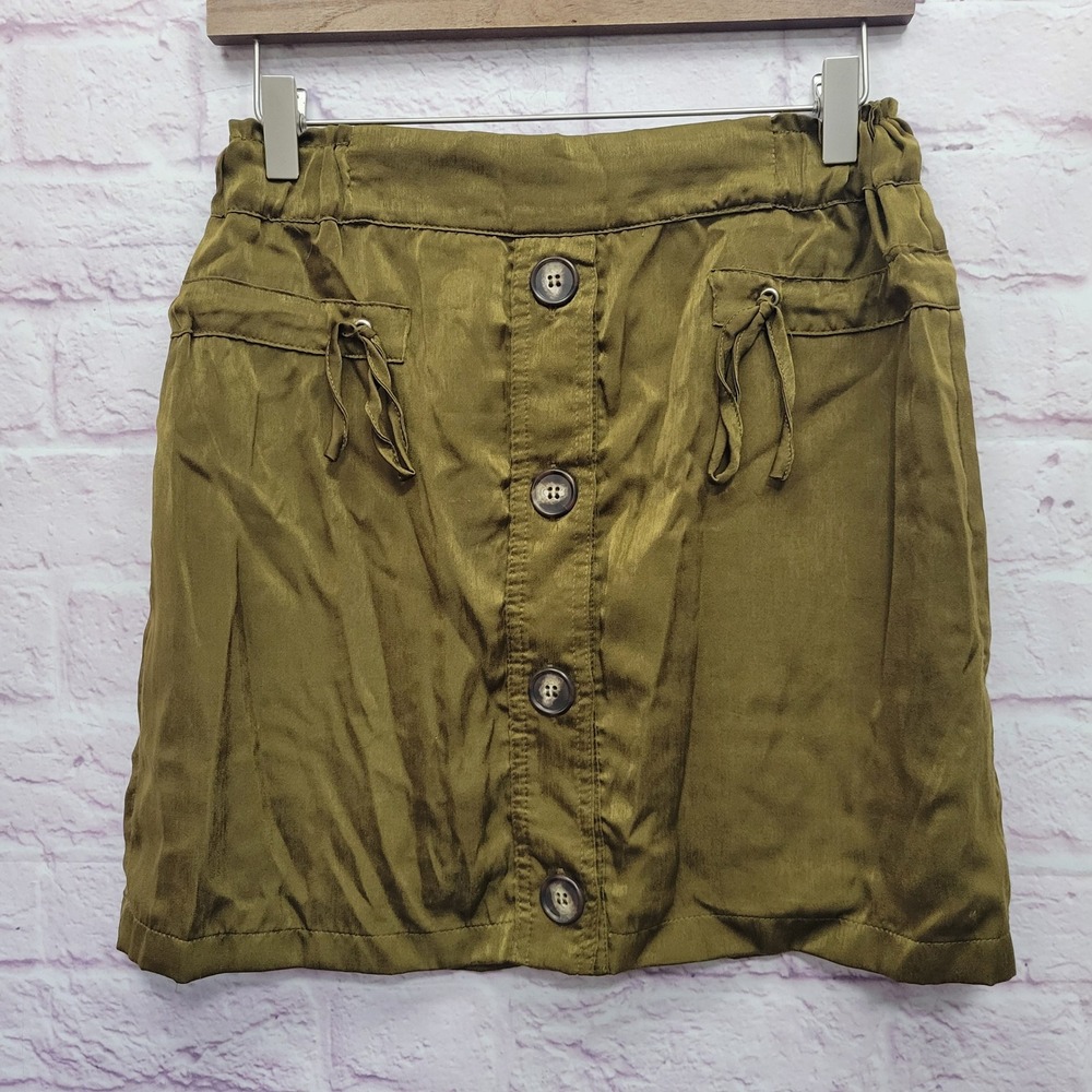 Lulus Olive Green Satin Mini Skirt Size M Button Front Goblin Earthy Dark Fairy